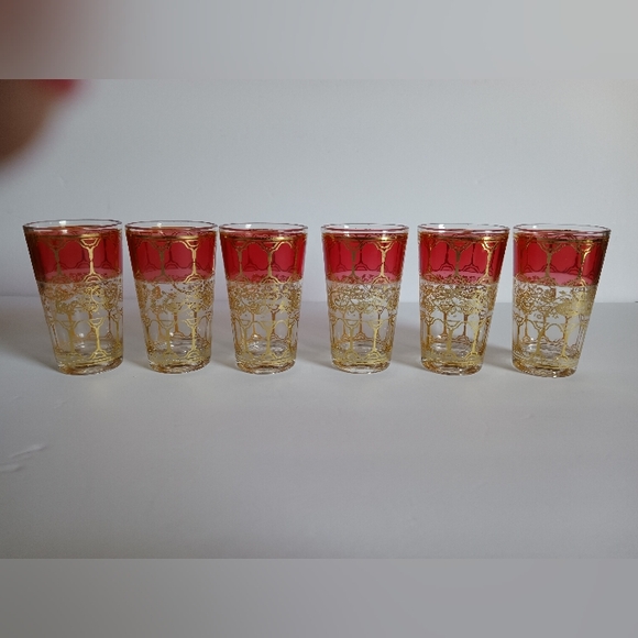 Moroccan Tea / Water / Juice Glasses Cranberry Red With Gold Vine Motif - Picture 4 of 10